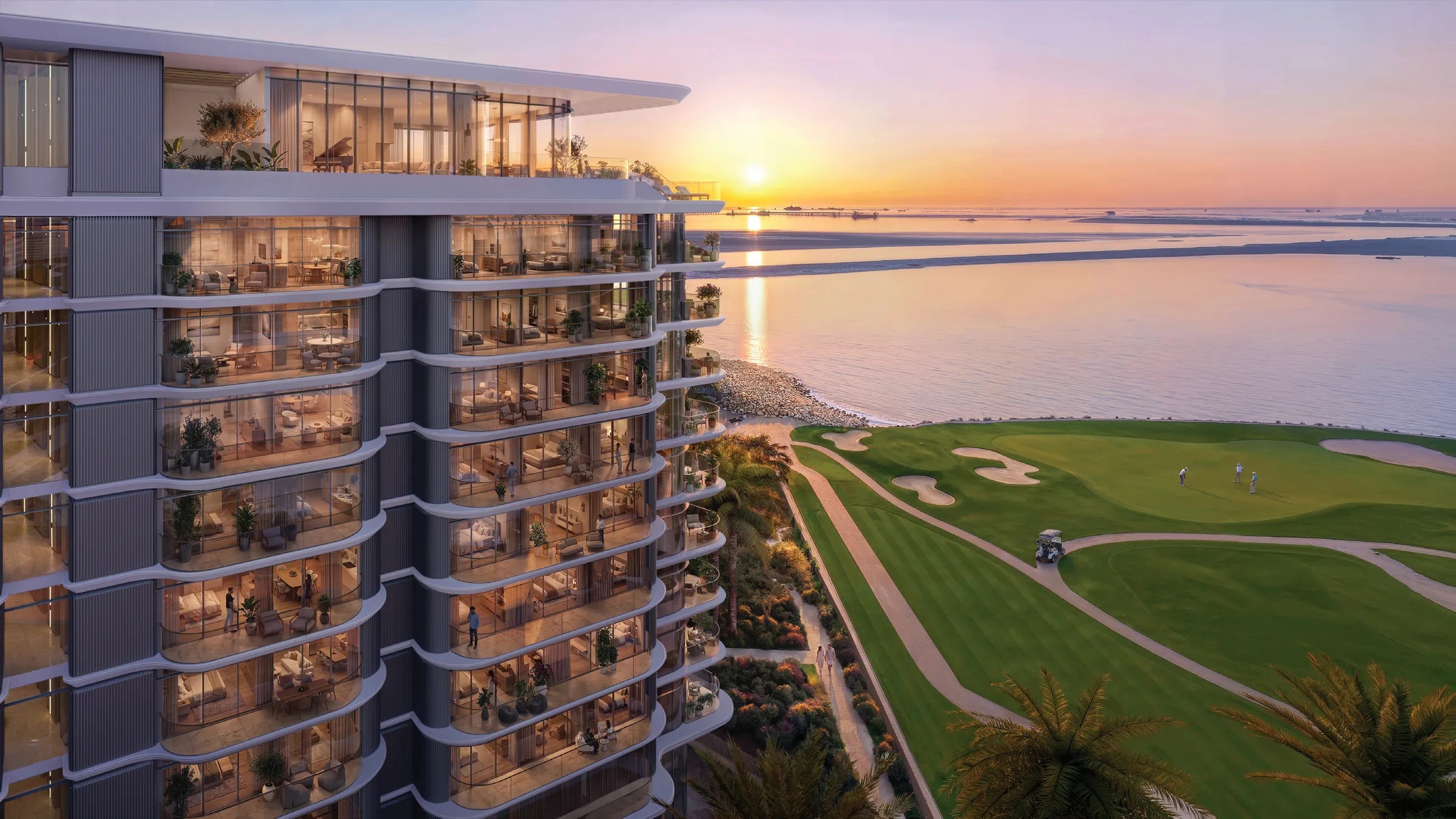 Balconies stepping down the building at sunset, the sea and the golf course below
