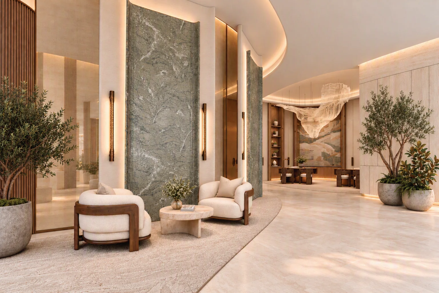 The residents’ lobby: green marble columns, an olive tree, low armchairs and a sculptural chandelier