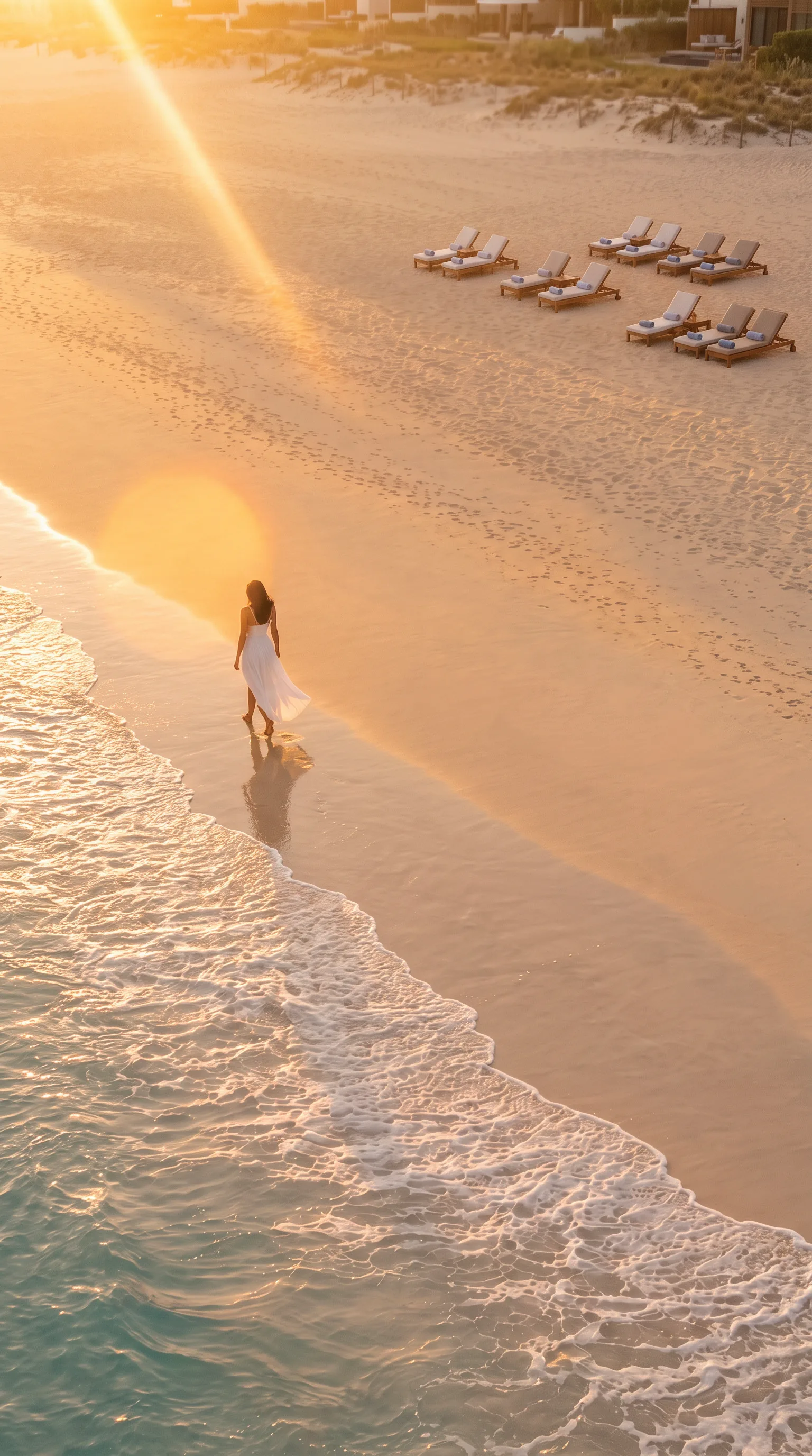 A woman walking along the waterline at sunrise, sun loungers on the sand behind her